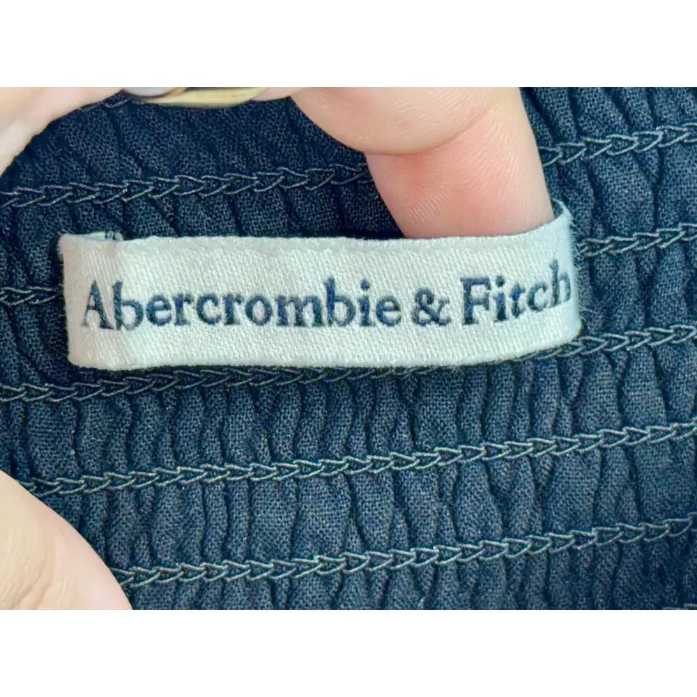 Abercrombie & Fitch Black Sheer Ruched Peplum Smocked Puff Sleeve Crop Top Sz L